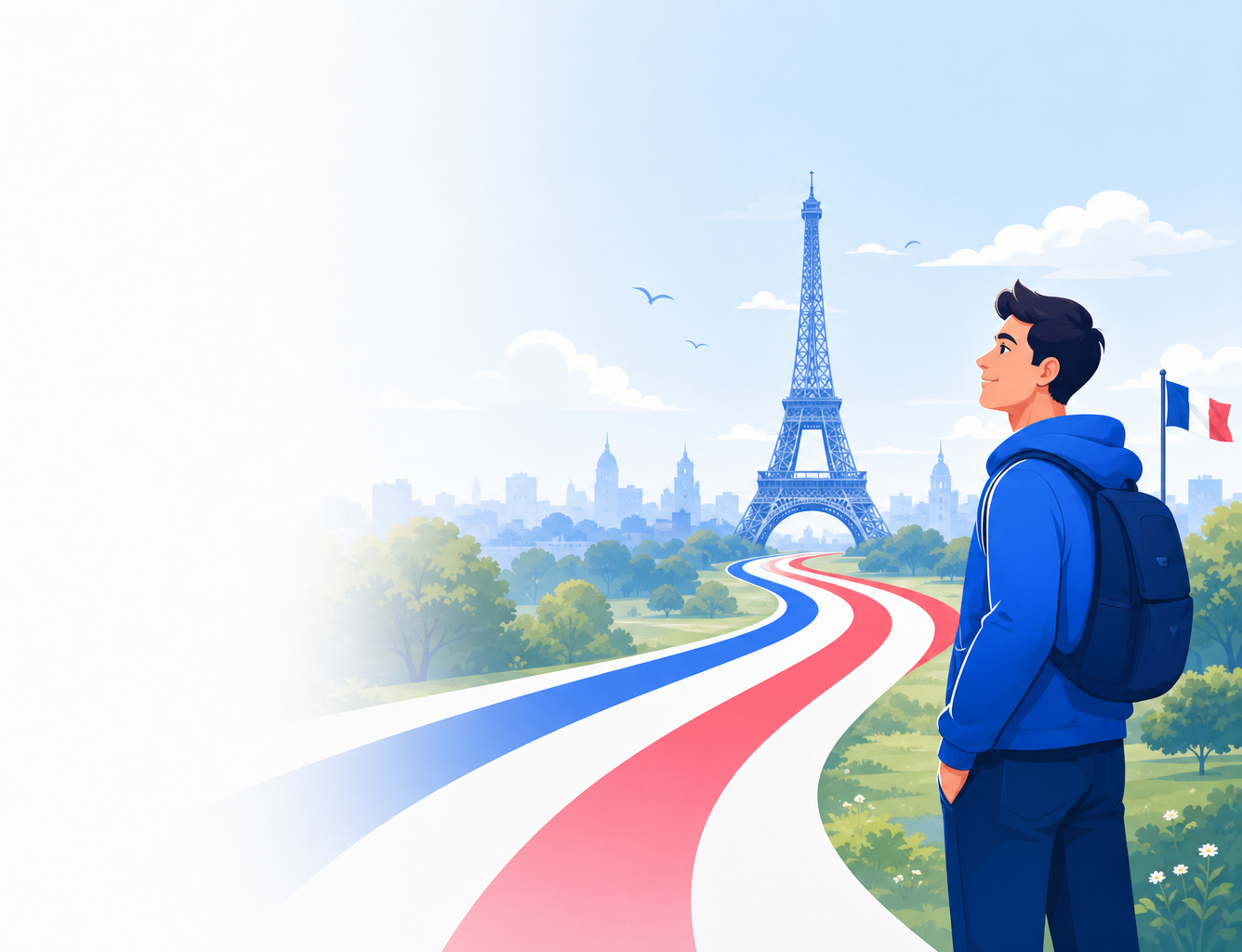 Un candidat regarde la Tour Eiffel au bout d'une route aux couleurs de la France.